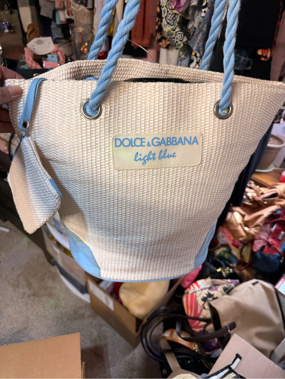 Dolce & Gabbana Cream Tote with Light Blue Trim and Rope Handles